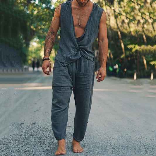 Conjunto de Pantalón y Chaleco Holgado en Algodón y Lino para Hombre