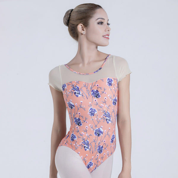 Enterizo Ballet Mujer con Paneles de Malla Estampado Manga Corta