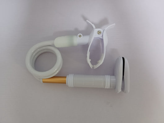 White flexible gooseneck ventilator hose bracket with a device clamp and a C-clamp base. - Image 7