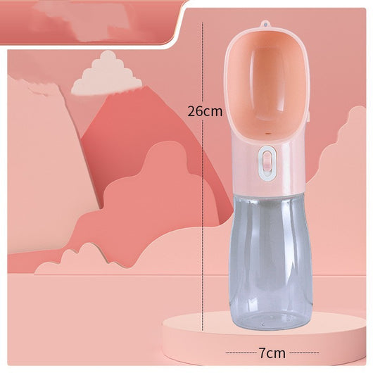 Pink portable pet water bottle with integrated feeder bowl, clear reservoir, and dispensing button for dogs. - Image 15