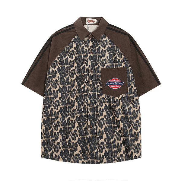 Camisa Vintage Estampado Leopardo Manga Corta para Hombre