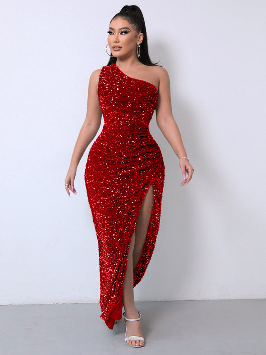Vestido de Fiesta Asimétrico con Lentejuelas y Abertura Elegante - Image 3