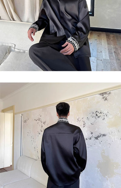 Camisa de Satén Elegante para Hombre con Cuello Mao y Detalles de Lentejuelas Brillantes - Image 21