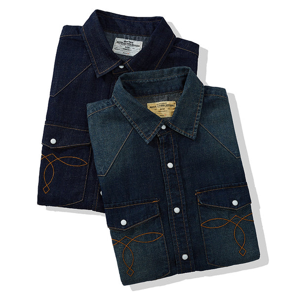 Camisa Denim Vintage Americana Manga Corta con Estampado Floral