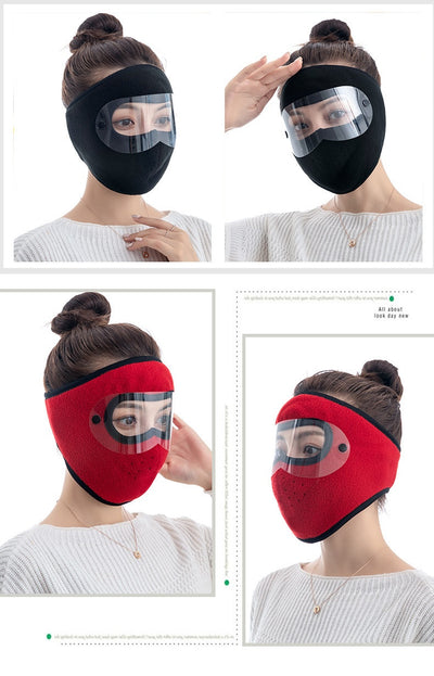 Black fleece winter cycling mask with clear windproof goggles, covering face, neck, and ears for cold protection. - Image 12