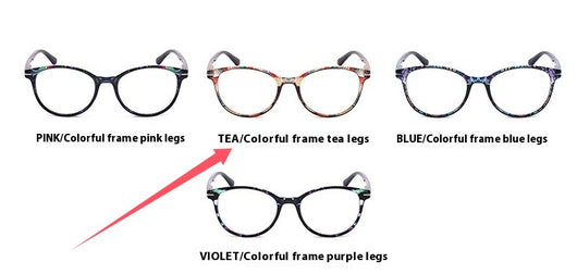 Four pairs of anti-blue light reading glasses with colorful full-rim frames in pink, tea, blue, and violet patterns. - Image 4