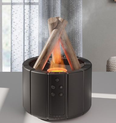 Dark gray simulated flame aromatherapy machine with a remote control, emitting a warm, flame-like light and mist. - Image 10