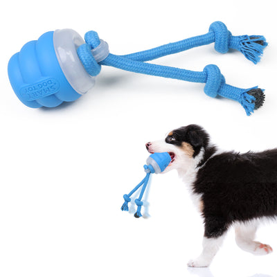Blue and white textured dog toy with rope, shown alone and a black and white puppy carrying it. - Image 11