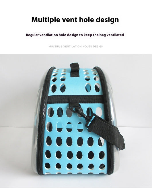 Gray and black pet carrier with a clear bubble window featuring paw prints and a mesh side for ventilation. - Image 25