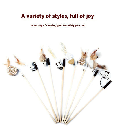 Cat teaser toy with a long wooden pole, a striped ball, brown feathers, and a small bell. - Image 31