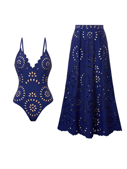 Navy blue women's one-piece swimsuit and matching midi skirt set with laser-cut floral patterns and scalloped edges. - Image 6
