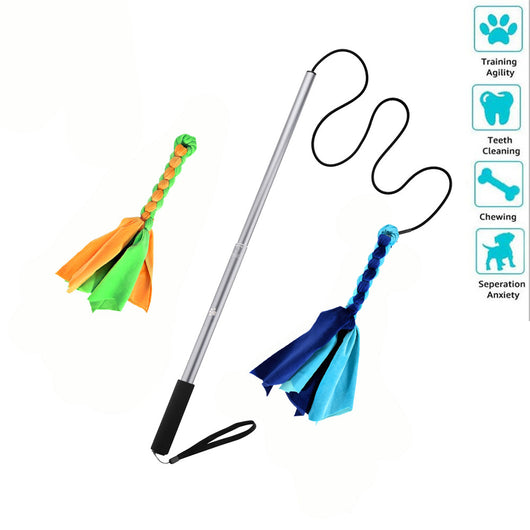 Black telescopic pet training rod with a black cord and two interchangeable braided fabric attachments in green/yellow and blue. - Image 13