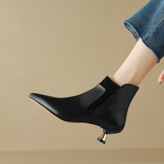 Botines de Cuero Genuino con Tacón Kitten y Punta Afilada