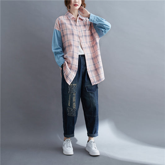 Camisa Oversized de Patchwork Manga Larga Suelta - Image 2