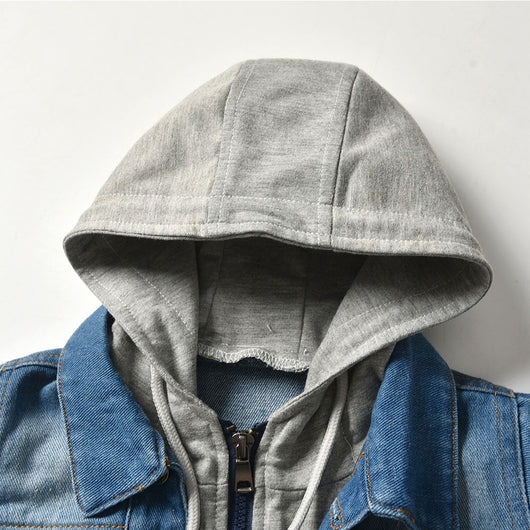 Children's blue denim jacket with a faded wash and a gray hooded insert, featuring front buttons and chest pockets. - Image 8