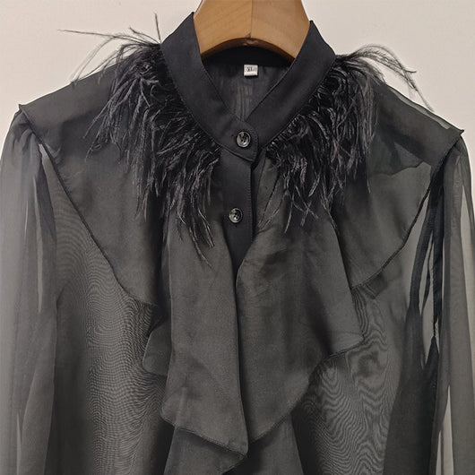 Blusa Elegante de Gasa con Cuello Alzado y Volantes - Image 8