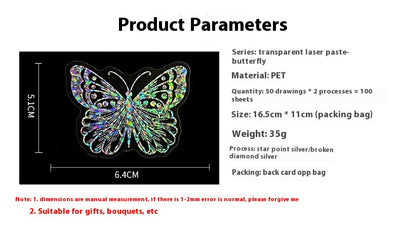 Transparent holographic butterfly laser stickers in various designs, including floral and moon elements, shown individually and in a 100-sheet pack. - Image 9