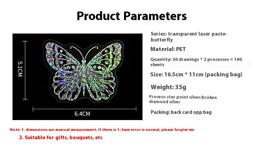 Transparent holographic butterfly laser stickers in various designs, including floral and moon elements, shown individually and in a 100-sheet pack. - Image 9