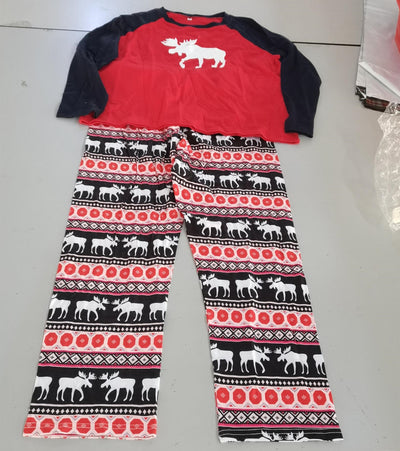 Red and black long-sleeve pajama set with a white moose graphic on the top and patterned moose pants. - Image 9