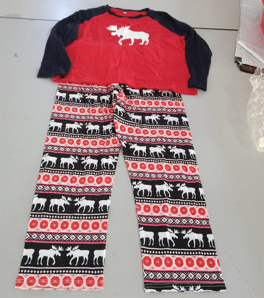 Red and black long-sleeve pajama set with a white moose graphic on the top and patterned moose pants. - Image 9