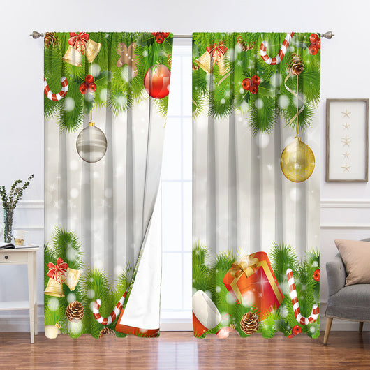 Pair of Christmas curtains with a 3D digital print of a snowy winter window scene, frosted trees, and snowflakes. - Image 25