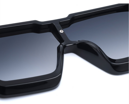 Black large frame square sunglasses with dark lenses and a gold star-shaped embellishment on the bridge. - Image 17