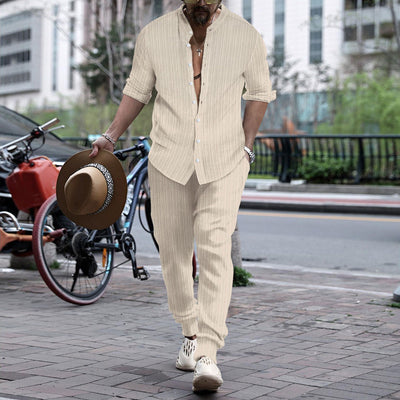 Pantalón y Camisa de Rayas con Cuello Hengli para Hombre - Image 11