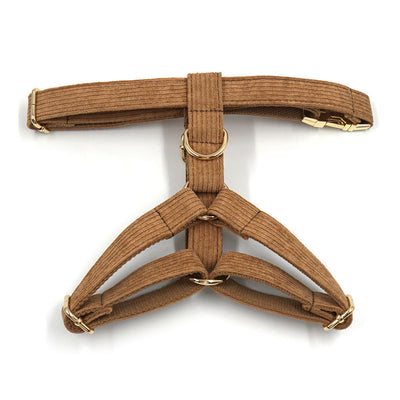 Brown corduroy pet harness with gold-colored metal quick-release buckle and D-rings, shown on a white background. - Image 22