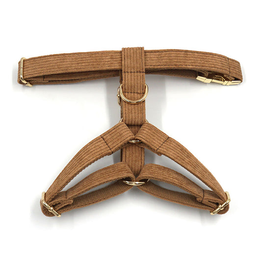Brown corduroy pet harness with gold-colored metal quick-release buckle and D-rings, shown on a white background. - Image 22