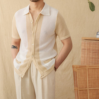 Cardigan Tejido Hueco de Algodón y Lino con Solapa de Manga Corta