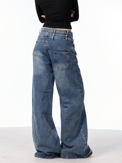 Pantalones Vaqueros Rectos Azules Cintura Alta Pierna Ancha Efecto Desgastado - Image 15