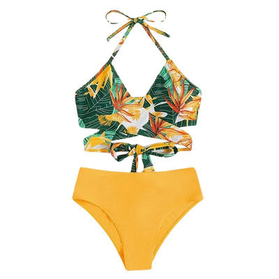 Women's two-piece swimsuit with a green, yellow, and orange tropical floral print halter top and solid yellow high-waisted bikini bottoms. - Image 4