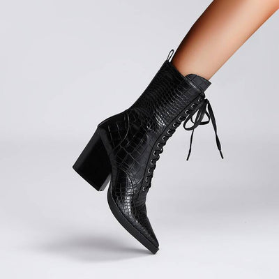 Botas Tacón Grueso Retro con Patrón de Piedra y Cordones - Estilo Fashion - Image 3