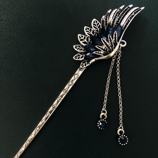 Horquilla Novia Hada Retro con Pluma y Diamantes - Tocado Hanfu Antiguo con Borla Larga