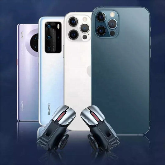 Pair of black and silver G21 six-finger auxiliary firing mobile gaming triggers with red accents on a blue surface. - Image 12