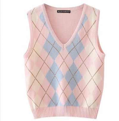 Chaleco Tejido Cuadros Diamante Estilo Preppy Retro Versátil - Image 15