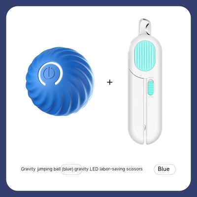 Blue gravitational jumping pet ball with a power button, shown next to an orange replacement shell for the toy. - Image 11