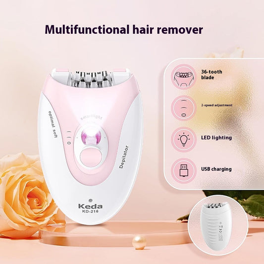 Pink and white Keda KD-216 multifunctional epilator with 36-tooth blade, LED light, and USB charging.