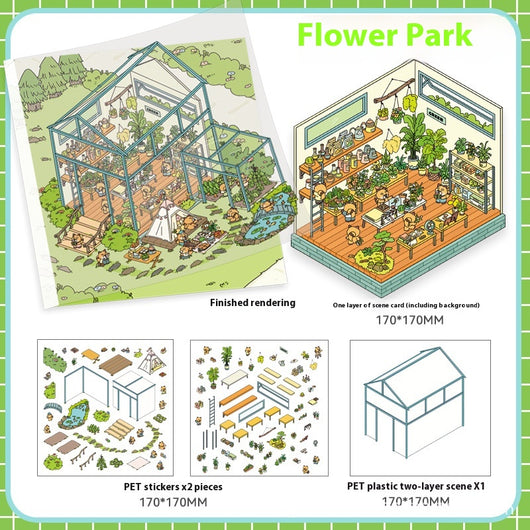 Cartoon flower park sticker set with a two-layer plastic greenhouse scene card and various plant and character stickers. - Image 8