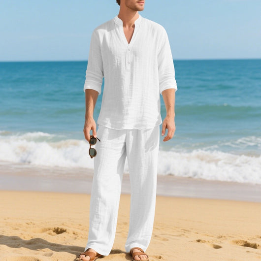 Conjunto de Pantalón y Camiseta Henley Suelta Transpirable para Hombre - Ropa de Playa Casual - Image 29