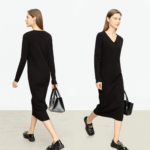 Vestido Midi Tejido V-neck Slim Fit Cálido y Versátil para Mujer