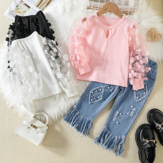 Conjunto Infantil con Top de Malla y Jeans con Detalles de Flecos