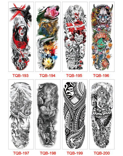 Full arm temporary tattoo sticker with a black, red, and light blue tribal design, featuring abstract shapes and patterns. - Image 50