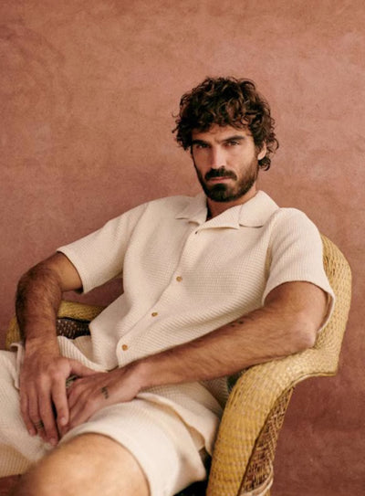 Conjunto de Dos Piezas Hombre: Camisa Suelta Waffle y Shorts Cuello Cubano Francés - Image 7