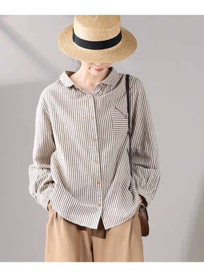 Blusa Retro de Lino y Algodón a Rayas con Diseño Artístico - Image 11