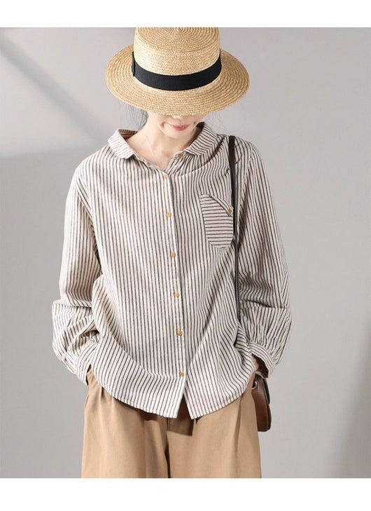 Blusa Retro de Lino y Algodón a Rayas con Diseño Artístico - Image 11