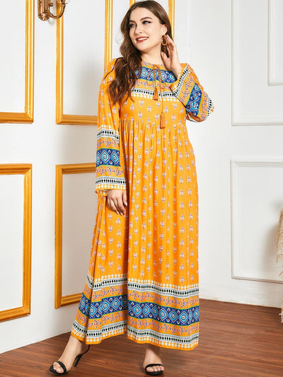 Vestido Largo Floral Amarillo con Mangas Largas y Cintura Ajustada - Image 5