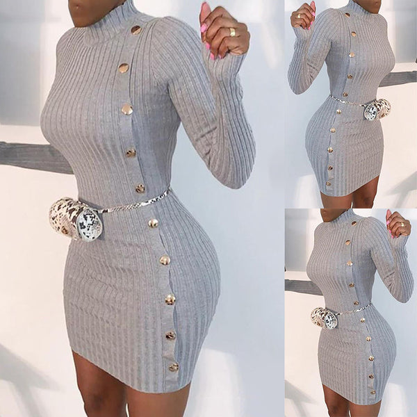 Vestido Elegante Ajustado de Manga Larga con Botón Único