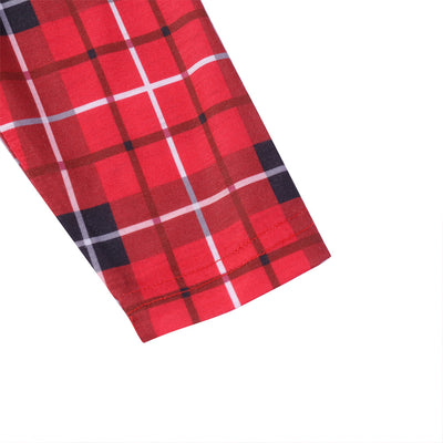 Red, black, and white plaid long-sleeve baby romper with a collar and snap closures, hanging on a hanger. - Image 29