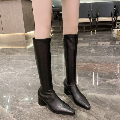 Botas Altas Mujer Estilo Británico Tacón Grueso Punta Afilada Retro - Image 4